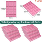 24-Grid Stackable Jewelry Organizer Tray Velvet Jewelry Storage Holder for Drawer Inserts Jewellery Display Box Case for Women Earring Rings Stud Necklaces (Set of 8, Pink