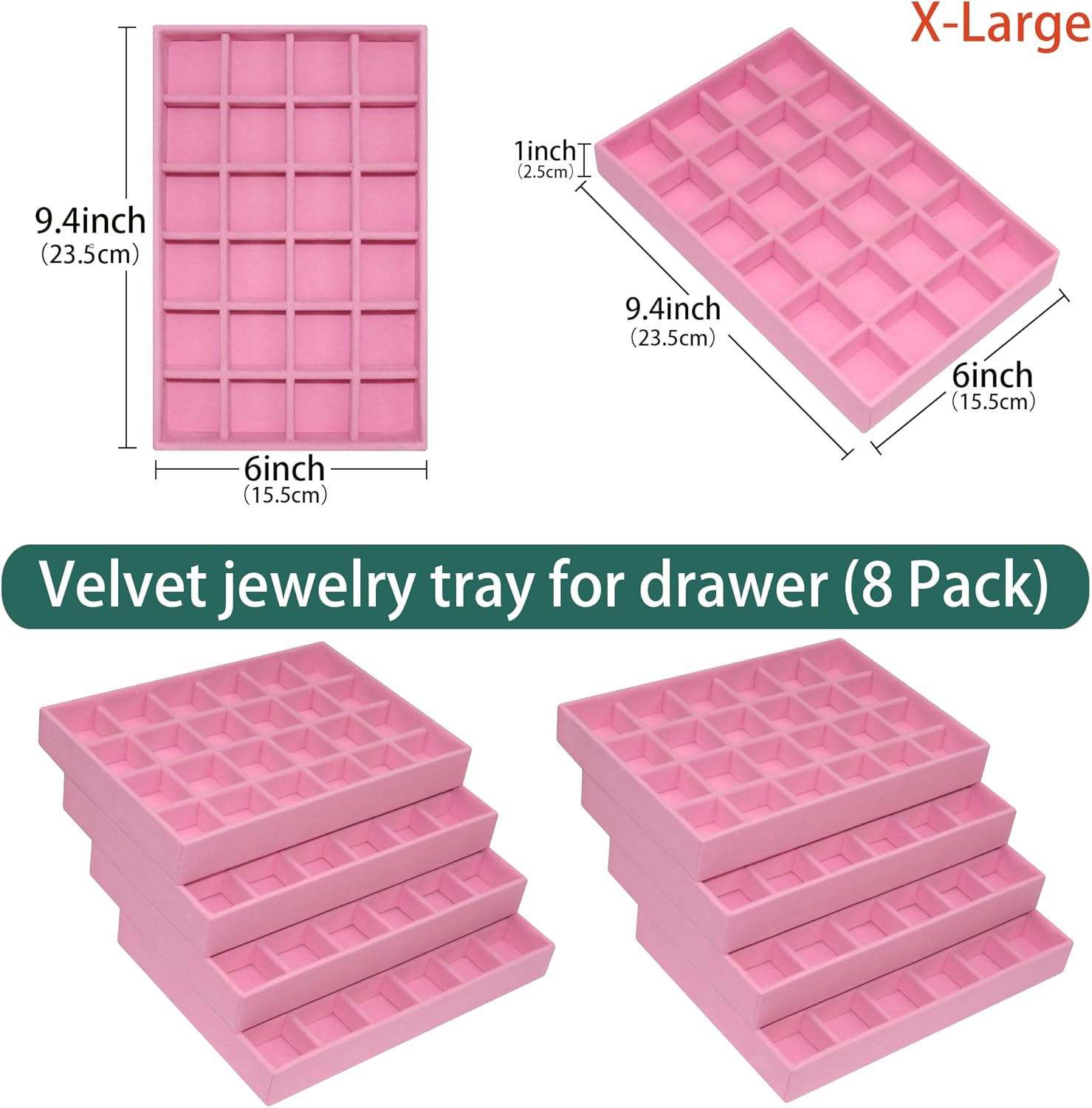 24-Grid Stackable Jewelry Organizer Tray Velvet Jewelry Storage Holder for Drawer Inserts Jewellery Display Box Case for Women Earring Rings Stud Necklaces (Set of 8, Pink