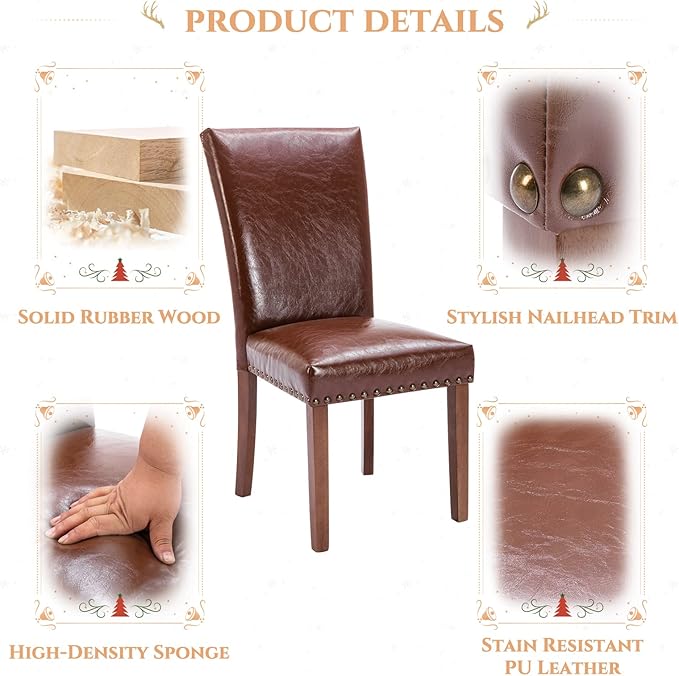 Parsons Dining Chairs Set of 2, Upholstered Nailhead PU Leather Dining Room Kitchen Side Chair with Thick Cushions and Wood Legs, Light Brown