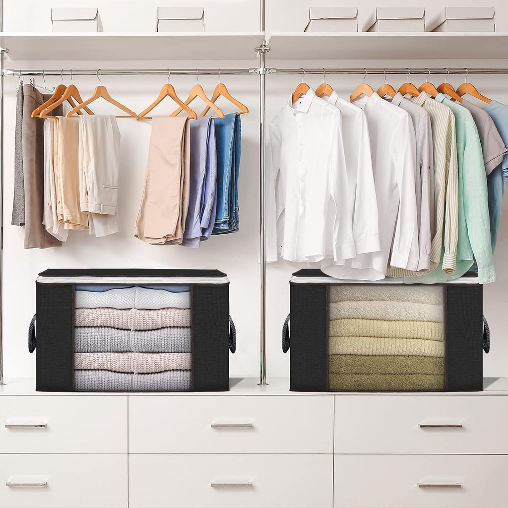 Large Storage Bags, 6 Pack Clothes Storage Bins Foldable Closet Organizers Storage Containers with Durable Handles Thick Fabric for Blanket Comforter Clothing Bedding 90 L (Black)