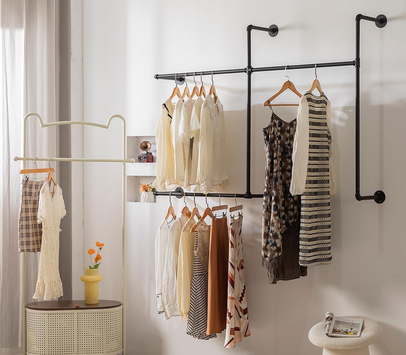 Industrial Pipe Clothing Rack Heavy Duty Wall Mounted Clothes Rack,Pipe Garment Rack Rail,Indoor Detachable Multi-Purpose Clothing Hanging Rod/Garment Bar, Black (3 hanging rods wall garment rack)