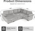 108″ Sectional Sleeper Sofa with Pull Out Bed, Modular Sectional Couch with Storage, L Shpaed 7-Seats Chenille Cloud Couch, Modular Sofa Bed for Living Room, Apartment, Office (Light Gray, 7 Seats)