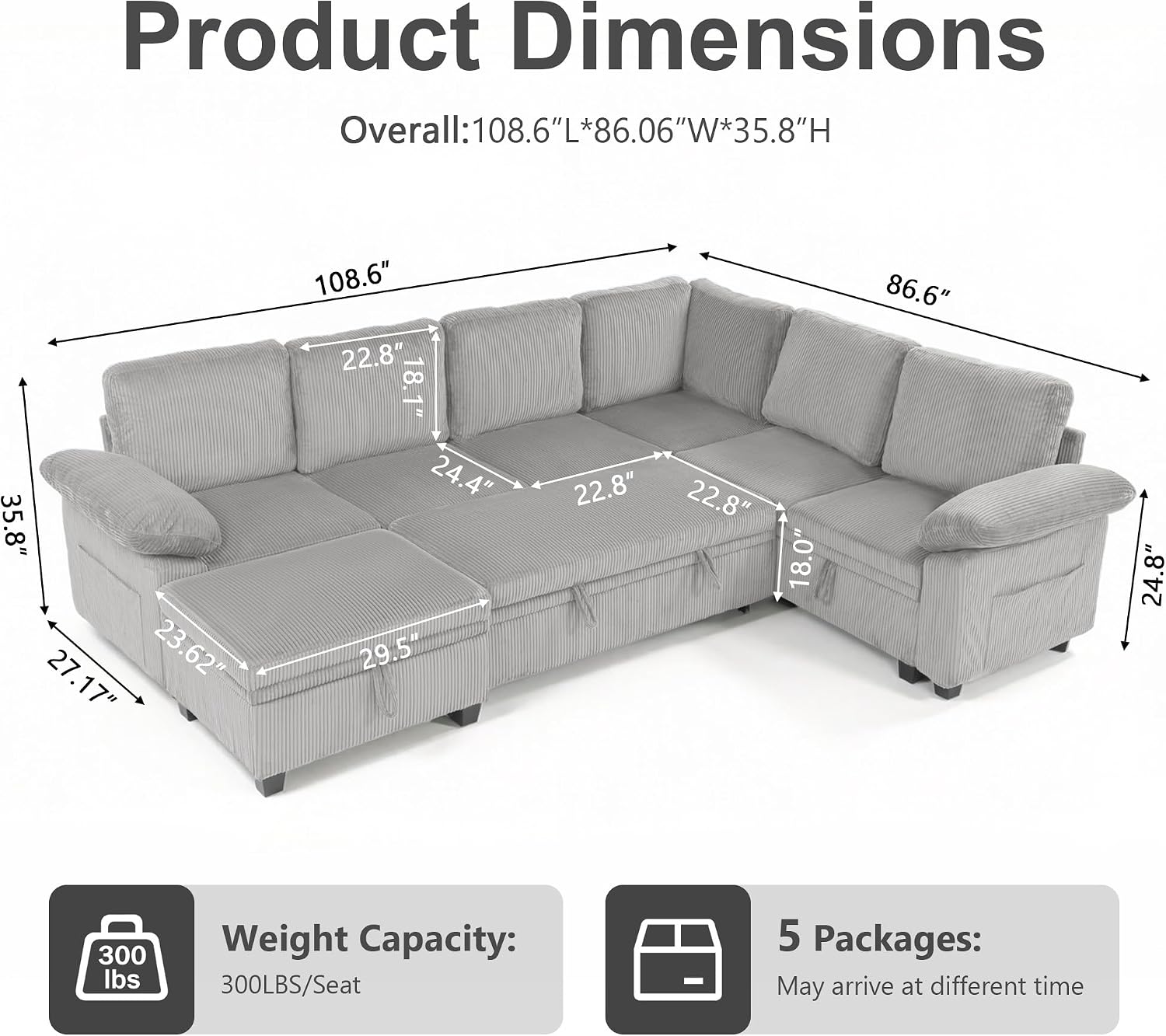 108″ Sectional Sleeper Sofa with Pull Out Bed, Modular Sectional Couch with Storage, L Shpaed 7-Seats Chenille Cloud Couch, Modular Sofa Bed for Living Room, Apartment, Office (Light Gray, 7 Seats)