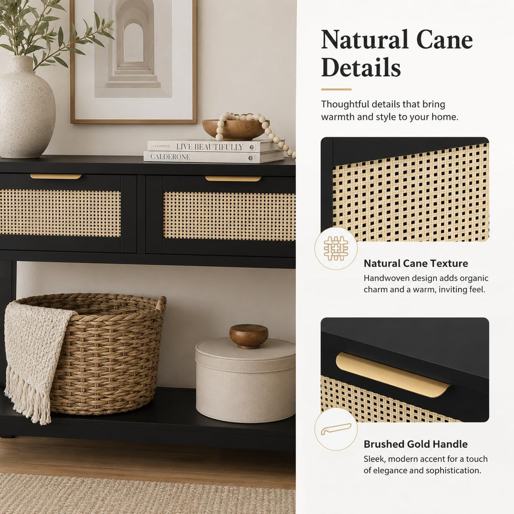 Luoxiao Rattan Console Table 3-Drawer 47" Narrow Black Entryway Sofa Tab...