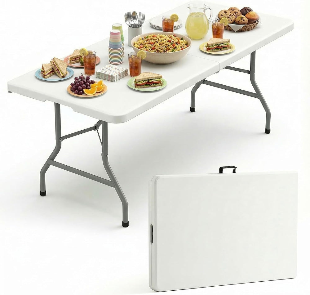 6 Foot Plastic Foldable Table with Built in Handle & Steel Legs, 6 FT Por...