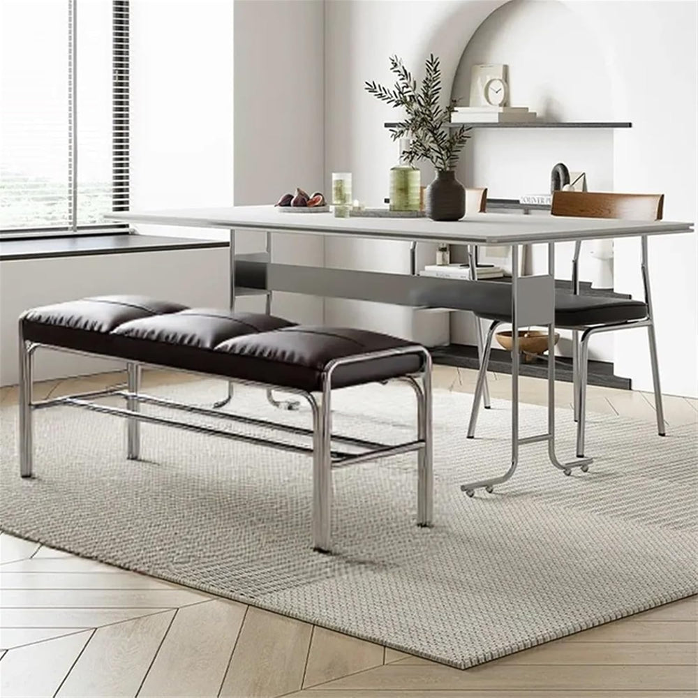 Modern Stainless Steel Long Bench with White Leather Cushion Home-use Soft-Pa...