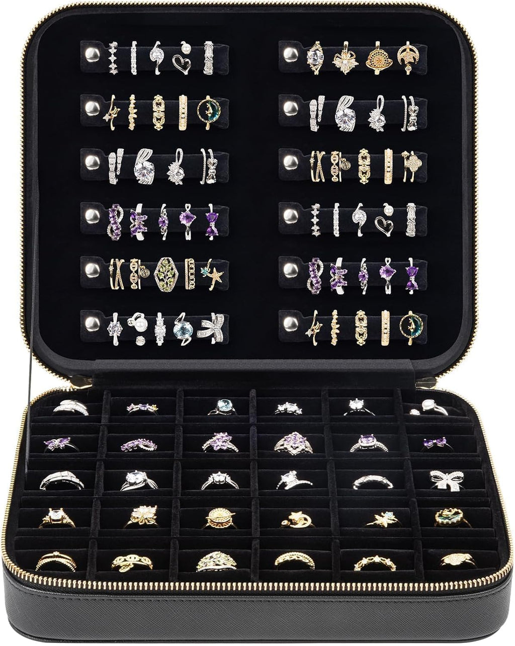 Large Capacity Ring Organizer Case for 90+ Rings & Jewelry Display | Black Cross-Grain Leather, Plush Velvet Lining, Shockproof, for Ring Collectors Jewelry Vendors Travel Home Display, Box Only