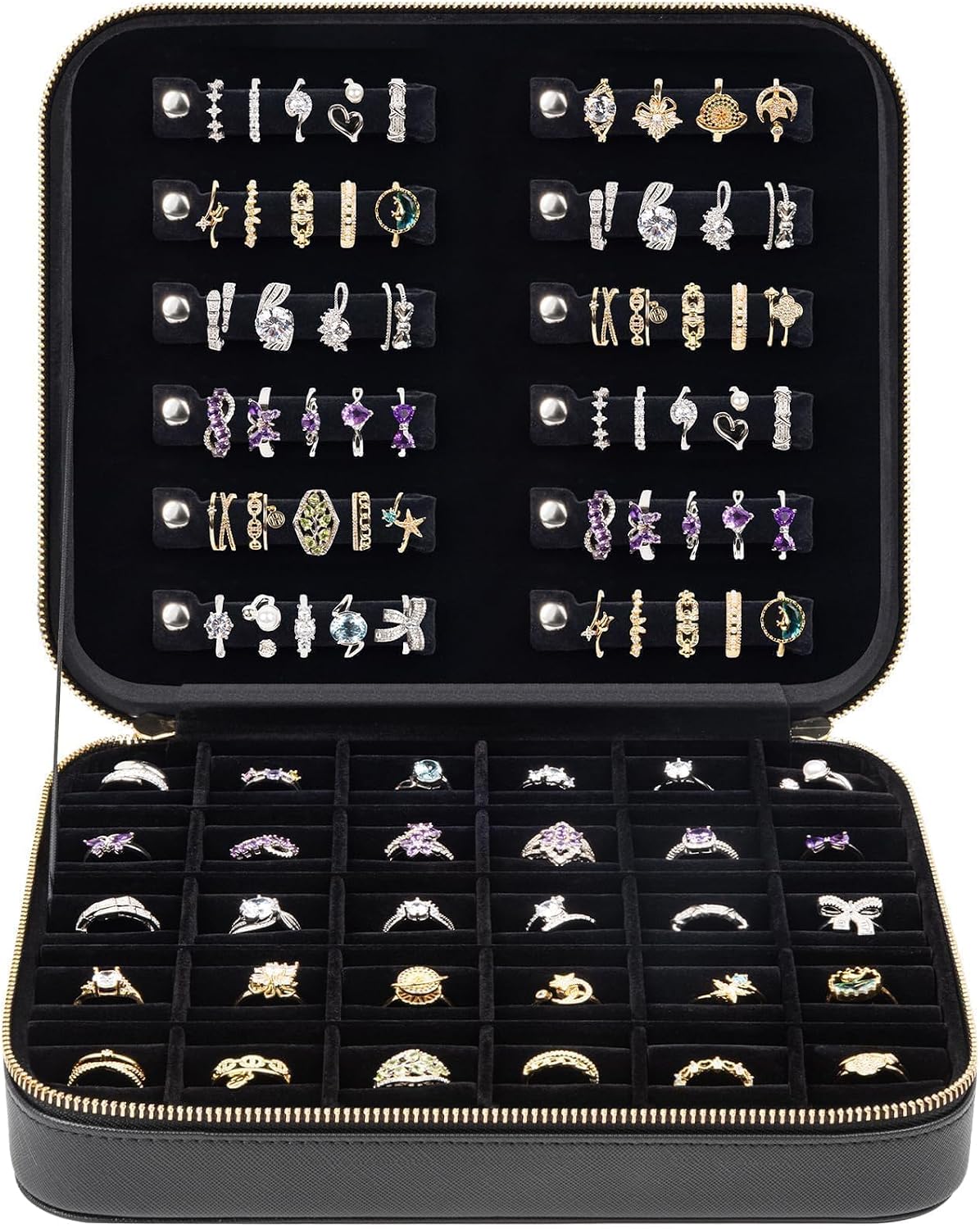 Large Capacity Ring Organizer Case for 90+ Rings & Jewelry Display | Black Cross-Grain Leather, Plush Velvet Lining, Shockproof, for Ring Collectors Jewelry Vendors Travel Home Display, Box Only