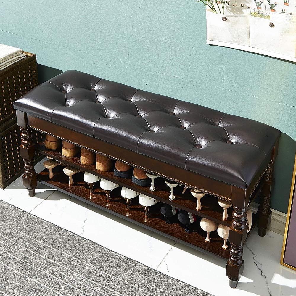 LEILISI Shoe Bench, Wood Storage Bench with Cushion Seat, Shoe Rack with Hidd...