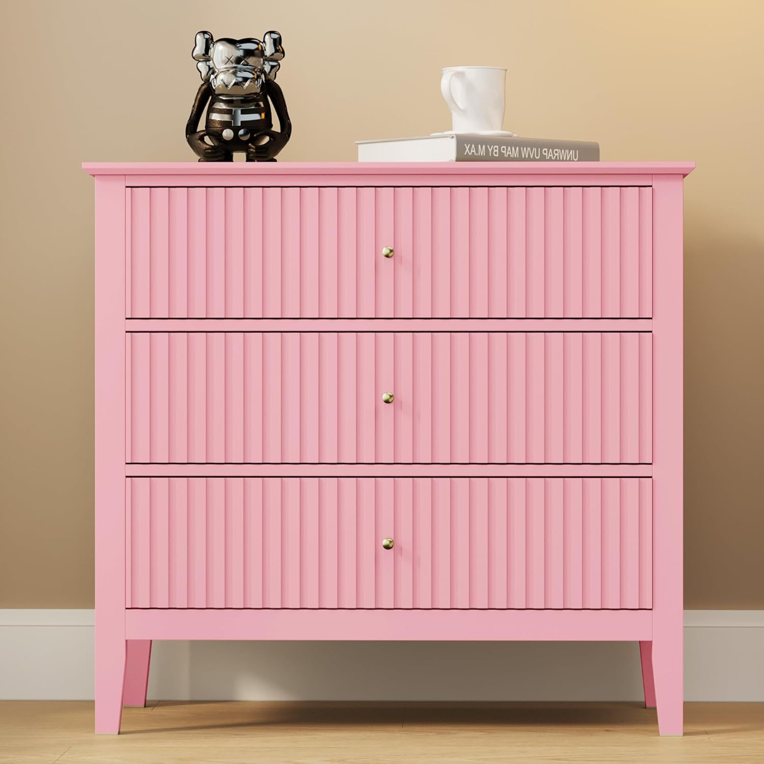 RoyalCraft Fluted 32 inch Wide Nightstand for Bedroom, Large Pink Nightstand with 3 Drawer, Modern End Table, Wood Beside Table for Home and Office