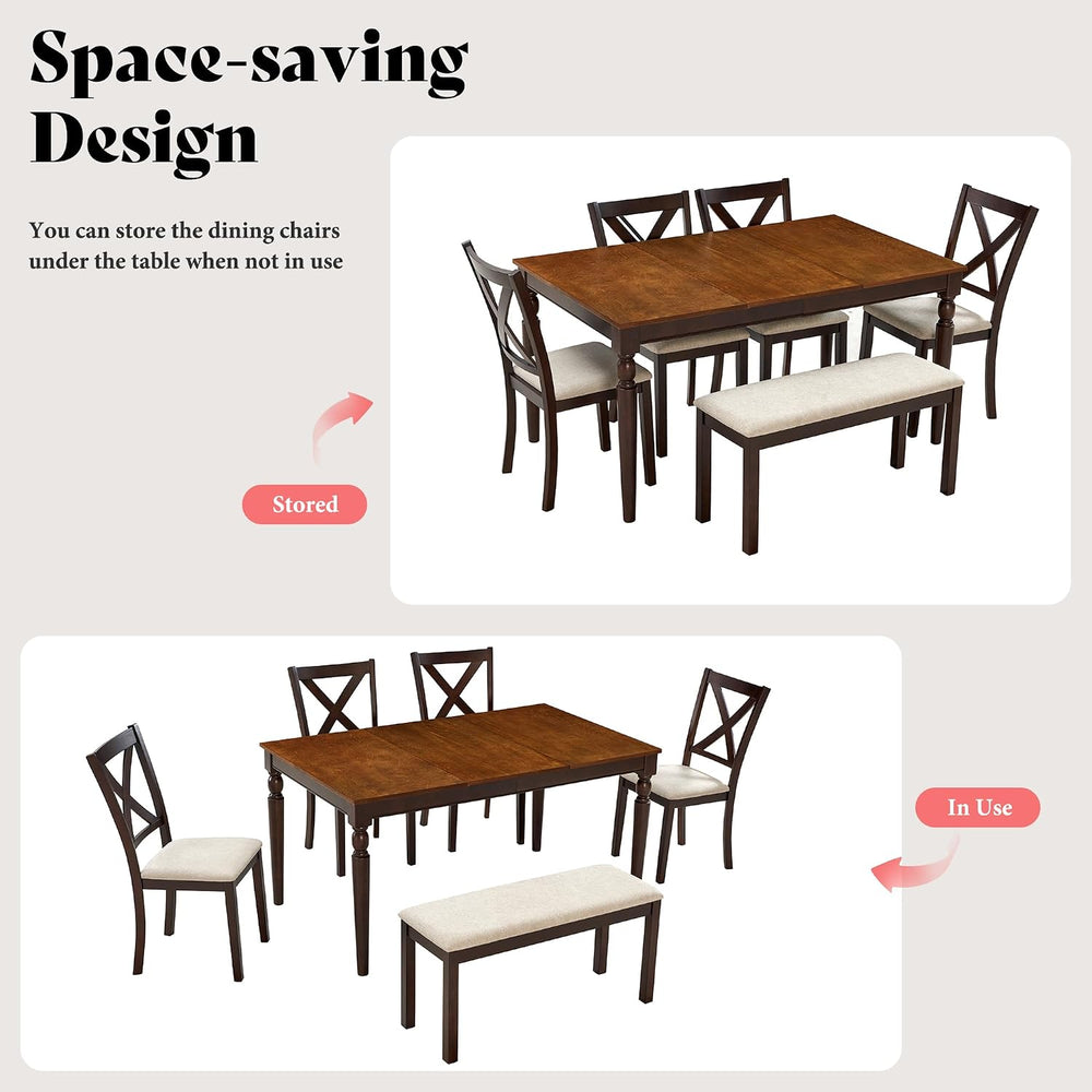 AMERLIFE 6-Piece Farmhouse Dining Table Set for 6-7, 60" Solid Wood Kitc...