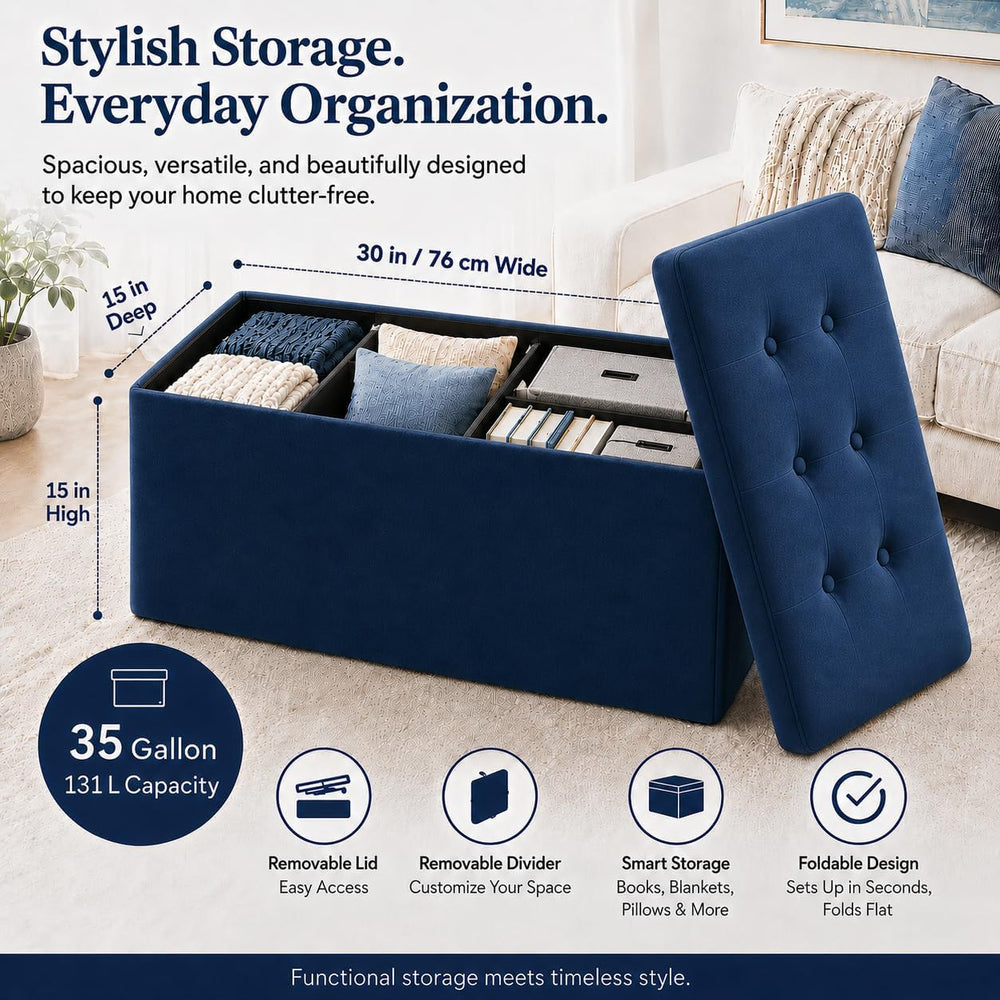 ALASDO 30 Inch Folding Storage Ottoman Bench with Hidden Storage, Velvet Stor...