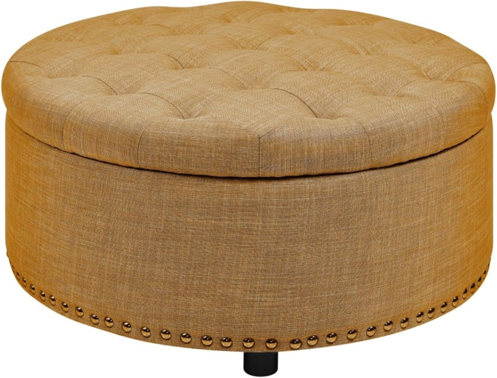 Tufted Storage Ottoman Round Upholstered Linen Ottoman Decorative Foot Stool with Storage for Living Room Bedroom Entryway Home Decor (Orange)