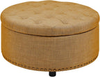 Tufted Storage Ottoman Round Upholstered Linen Ottoman Decorative Foot Stool with Storage for Living Room Bedroom Entryway Home Decor (Orange)