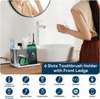 Bathroom Countertop Organizer with Front Ledge for Phone, Detachable Kids Toothbrush Holders with Cord Slots and Ring Holder, 6 Slots Toothbrush Toothpaste Holder with Drainage for Family