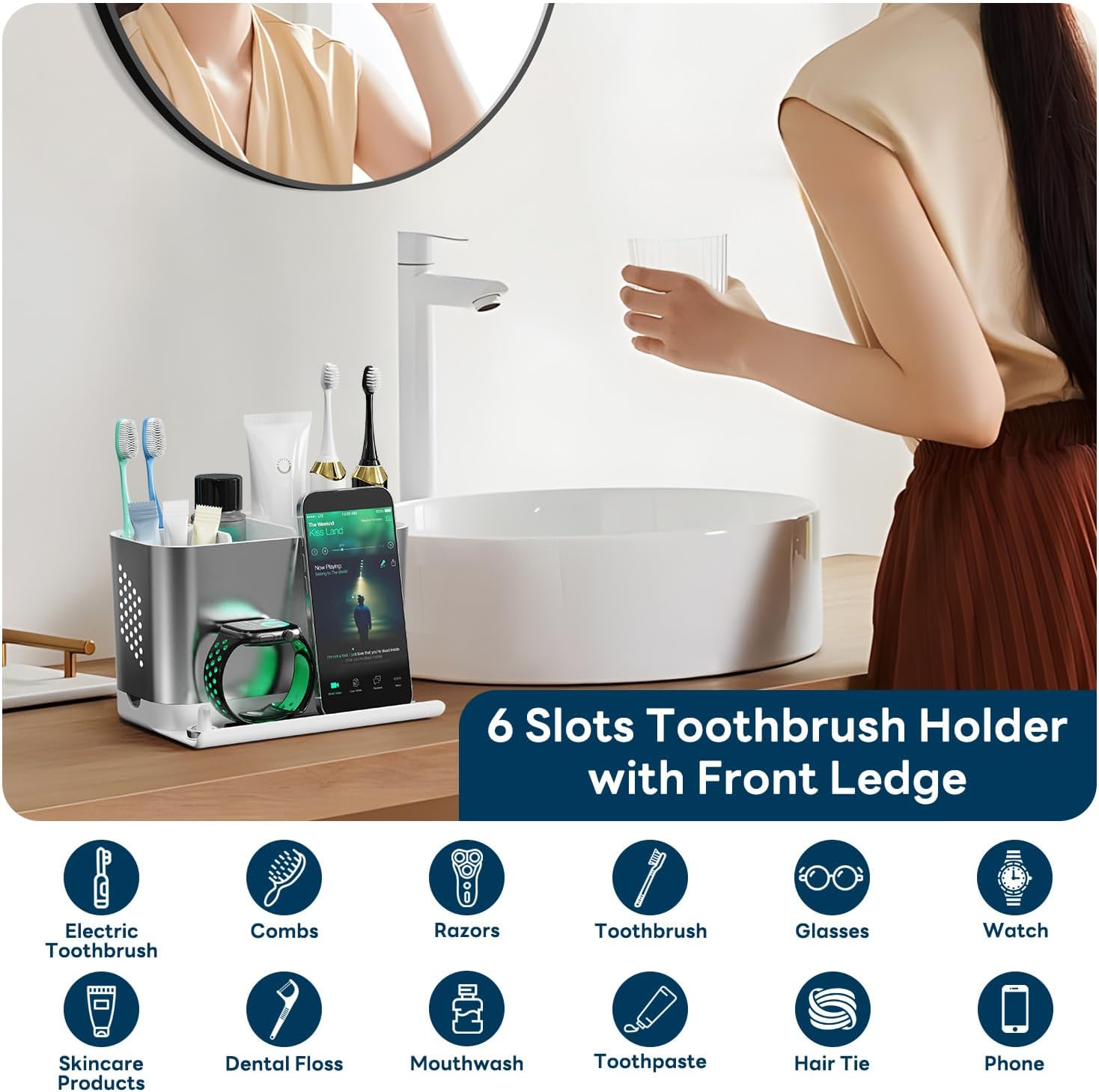 Bathroom Countertop Organizer with Front Ledge for Phone, Detachable Kids Toothbrush Holders with Cord Slots and Ring Holder, 6 Slots Toothbrush Toothpaste Holder with Drainage for Family