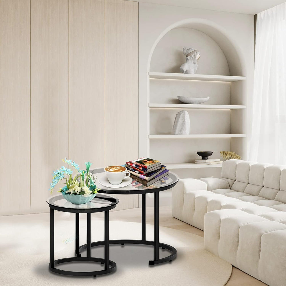 aboxoo Black Nesting Coffee Glass Table Set of 2, Metal Freme Side End Tables...