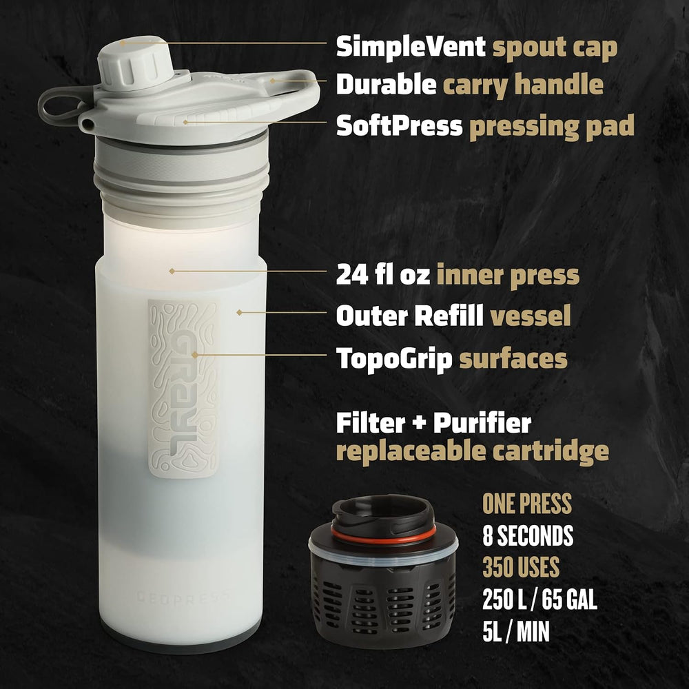 GRAYL GeoPress 24 oz Water Purifier & Water Filter Bottle, Peak White