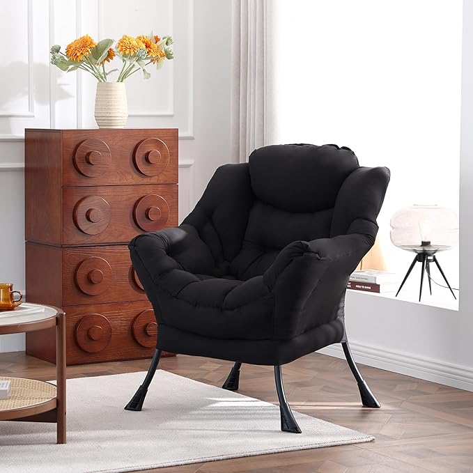 Welnow Lazy Chair for Living Room, Modern Reading Lounge Accent Chair with Armrests and a Side Pocket, Leisure Upholstered Lazy Sofa for Small Space, Bedroom, Dorm, Black