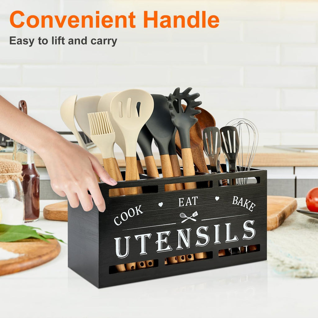 Large Black Wood Utensil Holder for Kitchen Decor Spoon Spatula Organizer | Wooden Cooking Utensils Holder for Kitchen Countertop Silverware Caddy Farmhouse Utensil Crock Big Kitchen Tools Spoon Holder