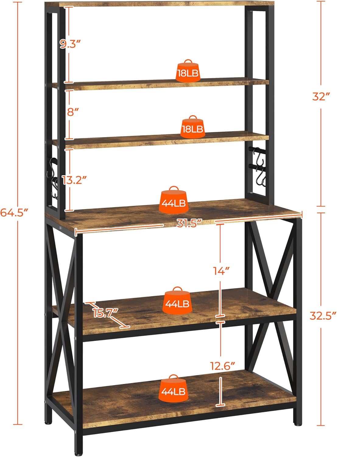Yaheetech 6-Tier Bakers Rack,31.5“Coffee Bar,Microwave Stand,Rustic Brown | Farmhouse Microwave Oven Stand Cabinet for Small Spaces, Corner Organizer Storage Shelf for Spices and Pots