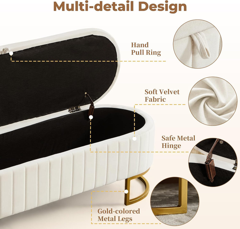 Storage Ottoman Bench, 63" Velvet End of Bed Bench Bedroom Bench King Si...