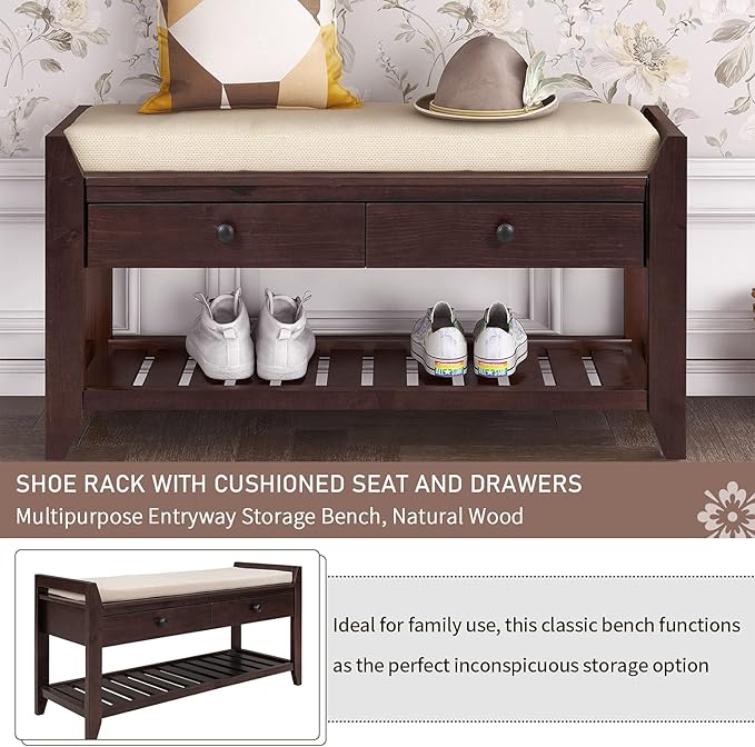 39″ Storage Bench with Cushioned Seat and Drawers,Multipurpose Wooden Entryway Ottoman,Hidden Compartment Organizing Shoe Rack,for Bedroom Hallway Porch,Espresso