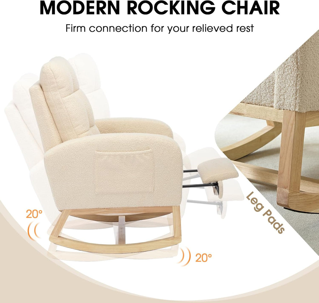 NIOIIKIT Modern Nursery Rocking Chair, Teddy Upholstered Rocking Chair with Footrest, Comfortable Rocker Recliner with Side Pocket, Rocker Glider for Living Room, Bedroom, Nursing Room (Beige)