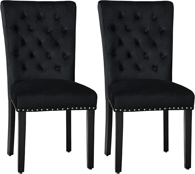 Velvet Dining Kitchen Chair Set of 2, Parsons Upholstered Dining Room Chair, Wood Accent Chair with Nailed Trim, Black
