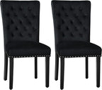 Velvet Dining Kitchen Chair Set of 2, Parsons Upholstered Dining Room Chair, Wood Accent Chair with Nailed Trim, Black