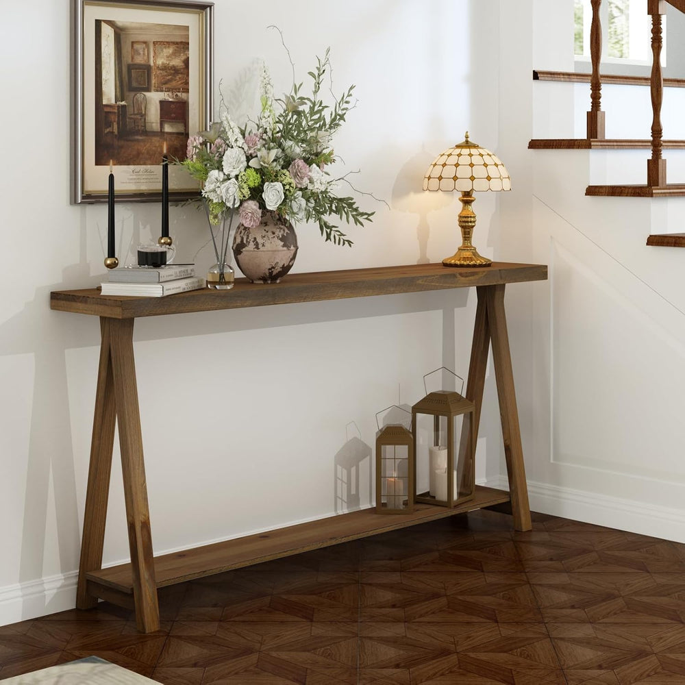 Farmhouse Console Tables for Living Room, 63" Solid Wood 2-Tier Sofa Tab...