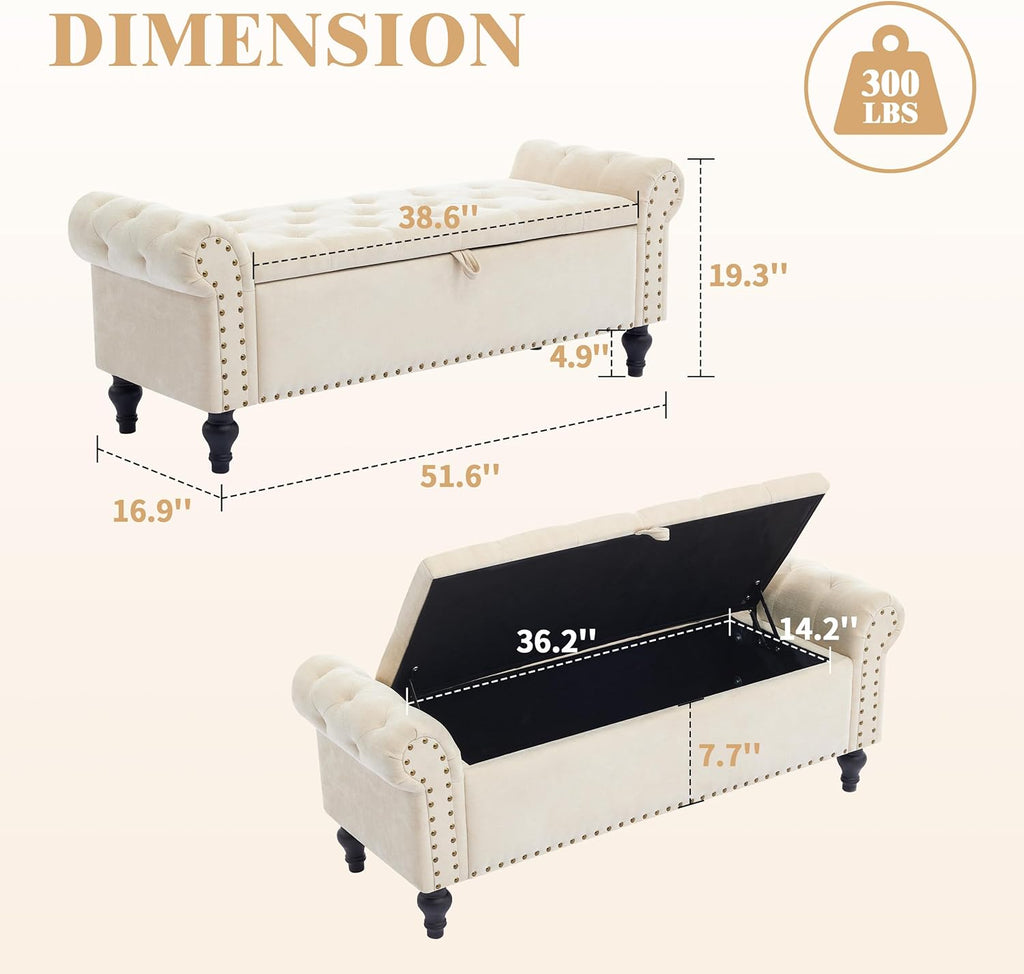 Howjoe 51" Bedroom Storage Bench, End of Bed Bench, Chenille Upholstered Benches, Ottoman with Storage, Window Benches with Rolled Arm and Nailhead Trim for Living Room, Entryway, Beige
