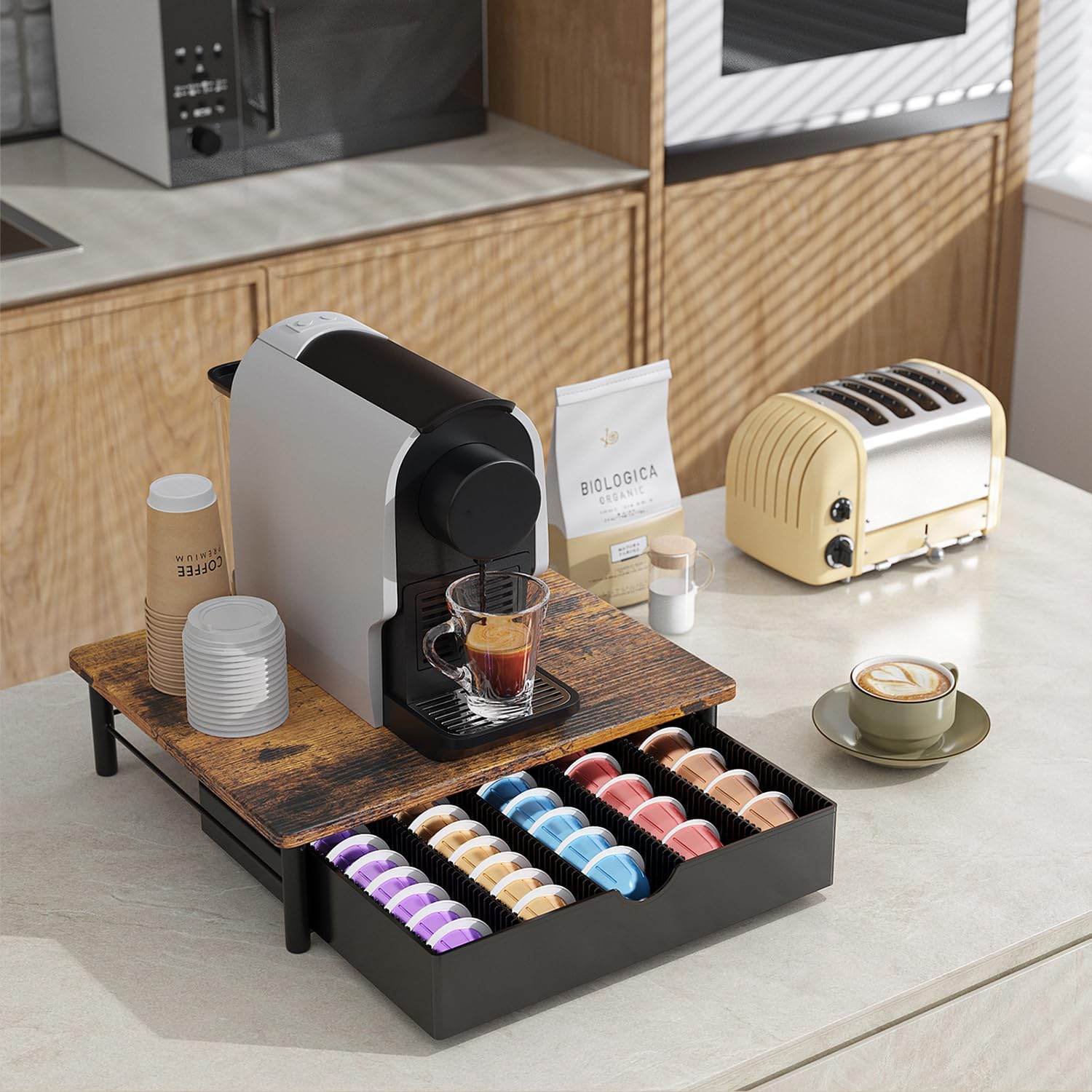 Coffee Pods Drawer Organizer Compatible with Nespresso Vertuo Pods Holds Up to 60 Small or 40 Large (Wood)