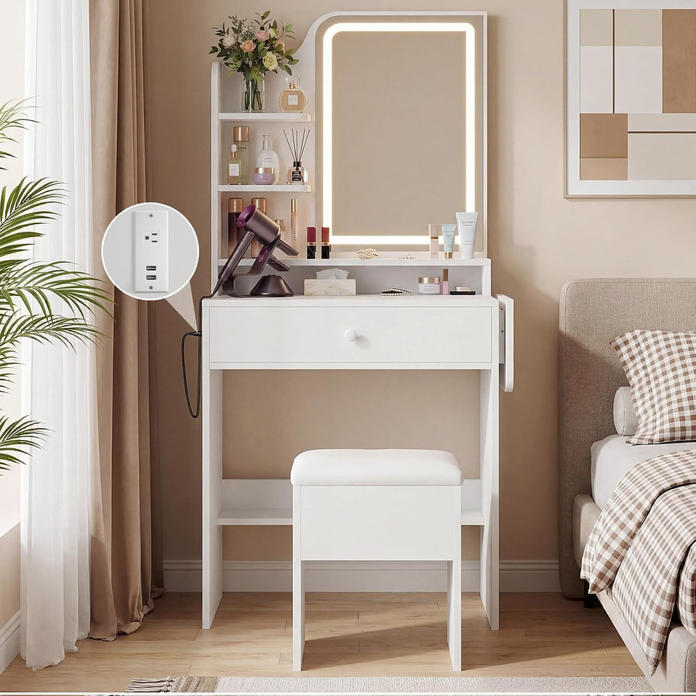 Haewon Small Makeup Vanity Set with Lighted Mirror and Chair, White | Built-I...