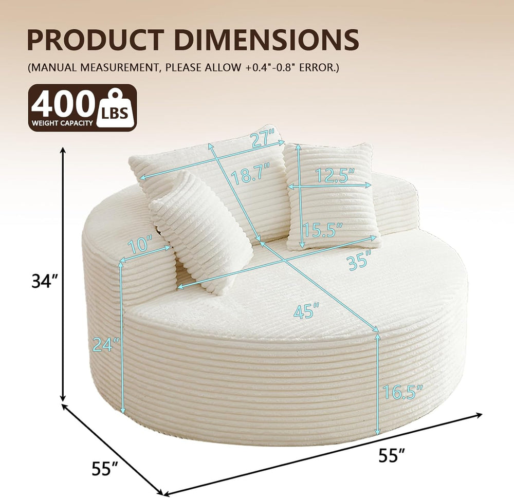 55"L Oversized Round Chair Lounge Chaise Indoor,Corduroy Deep Seat Cloud...