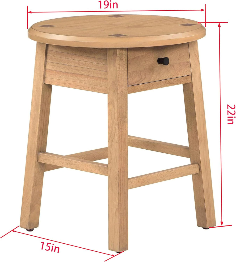 Solid Rubberwood Round Side Table with Drawer, Natural Oak Painted Finish Sof...