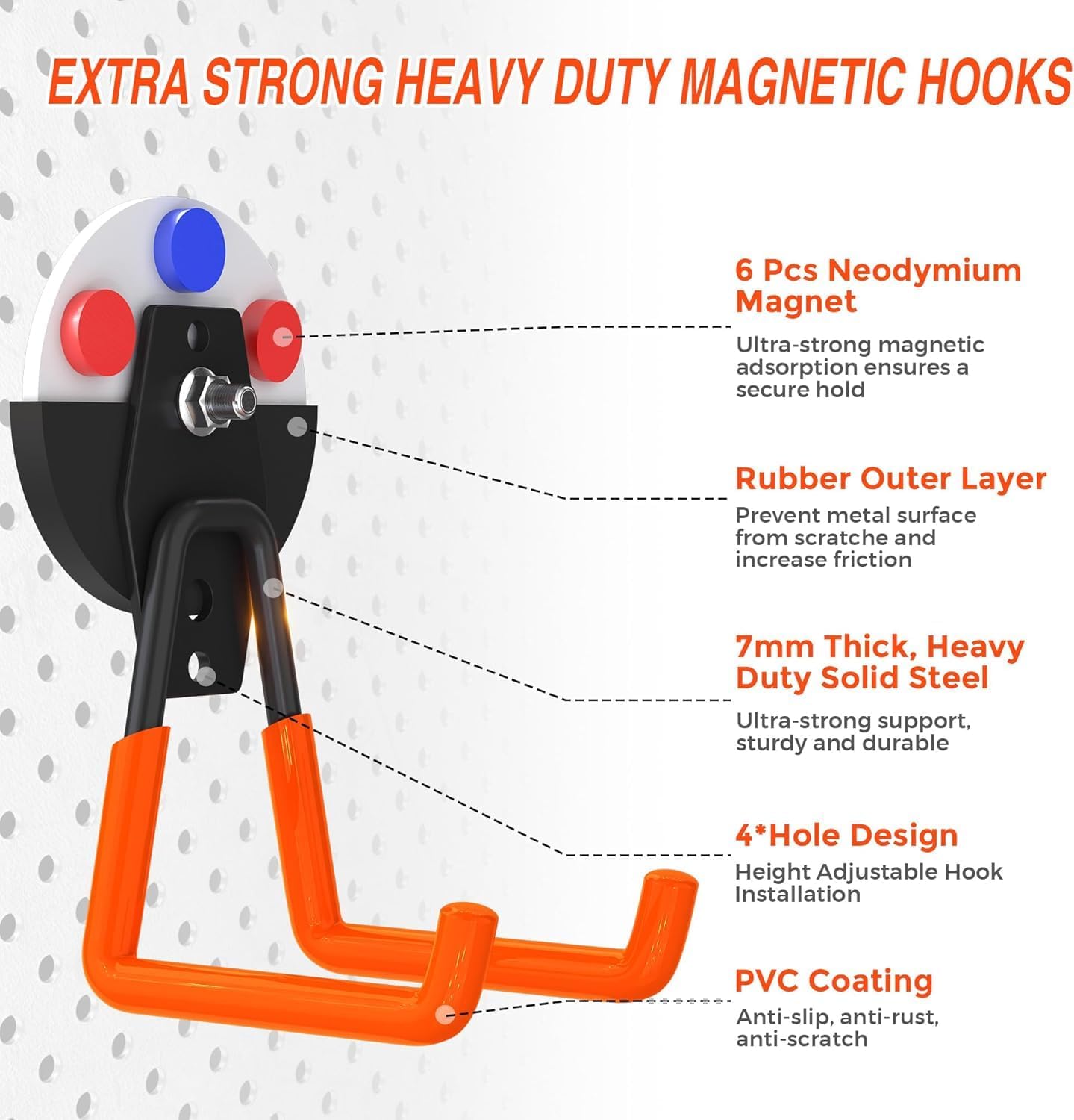 8 Pack Heavy Duty Storage Magnetic Utility Hooks Large Garage Strong Extra Magnet Hooks Hanger with Anti-Slip Coating Heavy Duty Magnetic Hooks for Hanging Power Dril Garage Garden Tools Orange