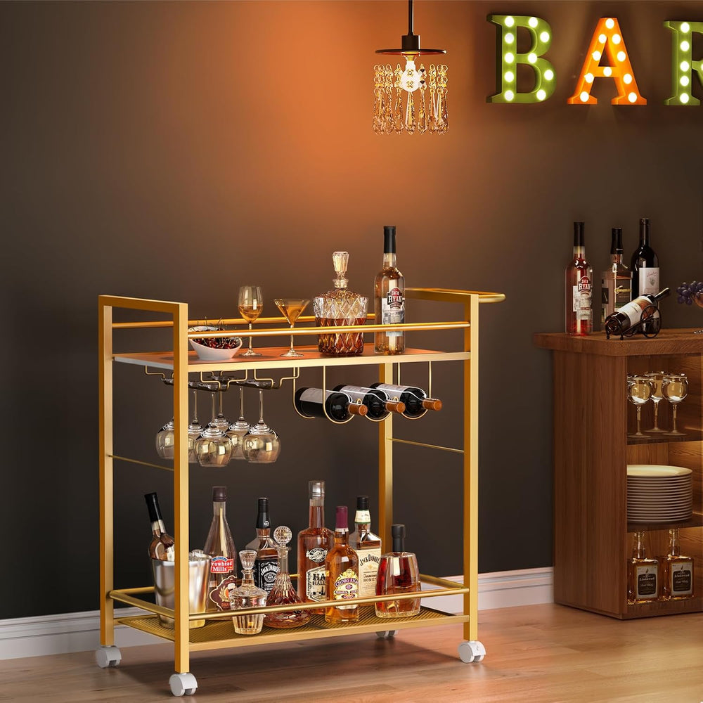 Joaxswe Bar Cart w/Wheels,2 Tier Home Bar Serving Cart,Flowing Gold