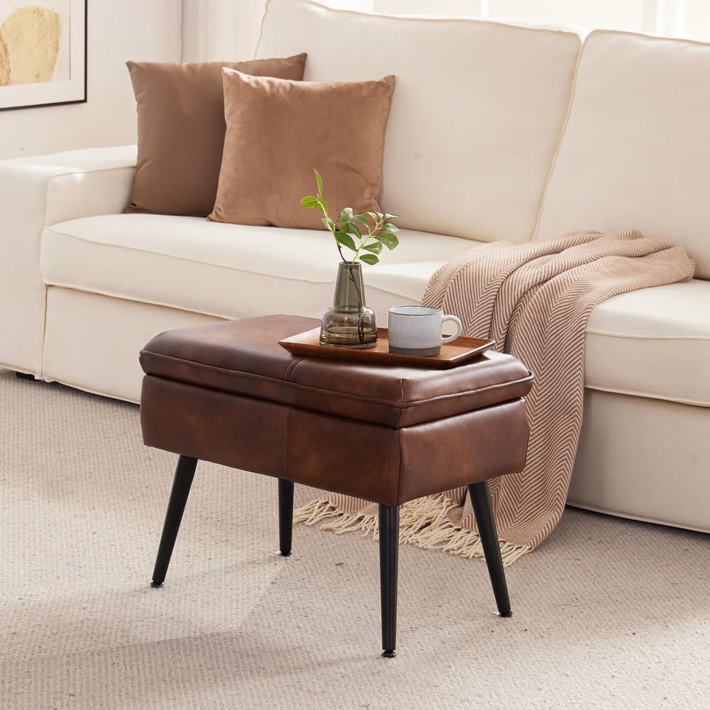 Square Storage Ottoman Upholstered Vanity Accent Stool Retro Brown | Square M...