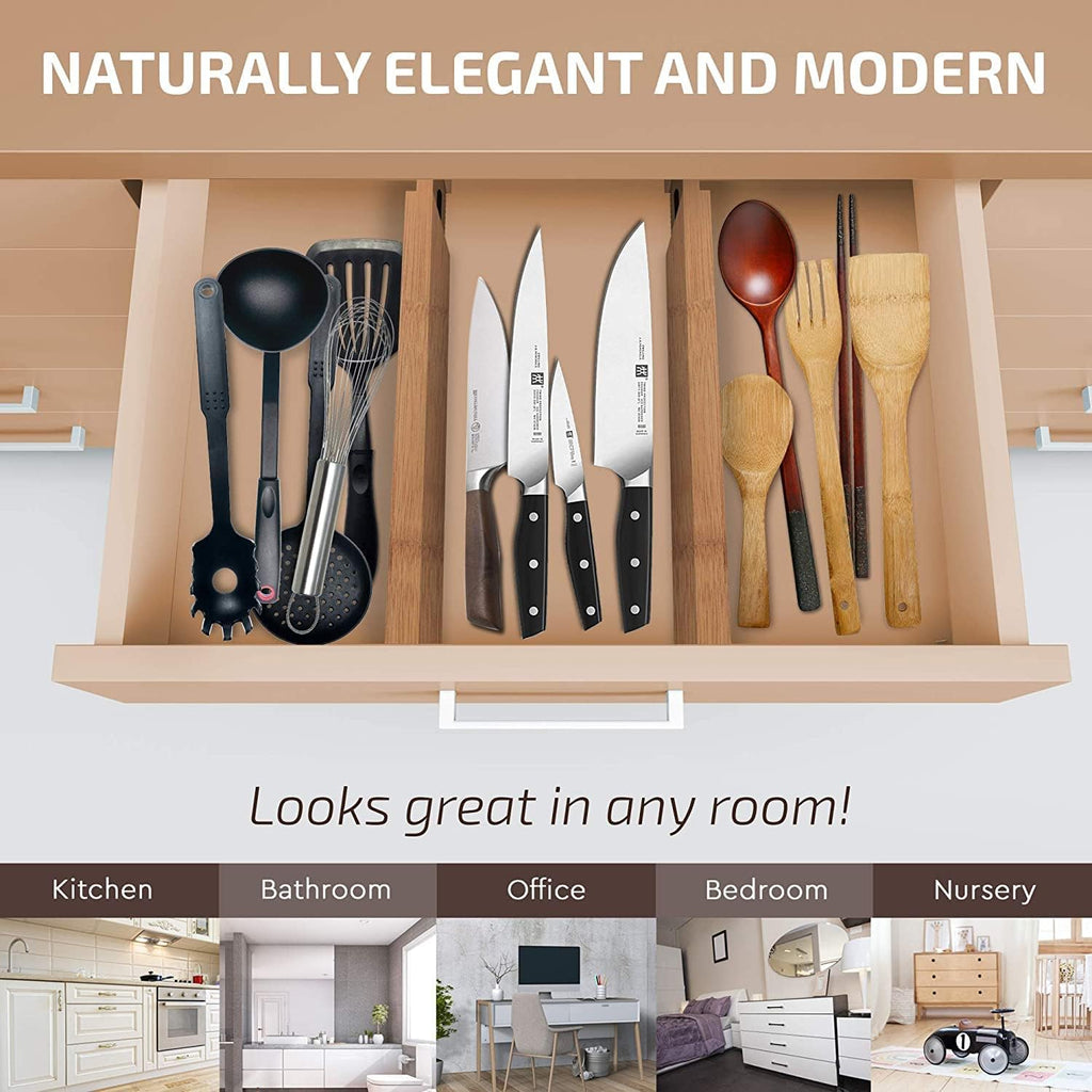 6-Pack Drawer Dividers 2.6-Inch High Dresser Drawer Organizer 16 to 22 Inch | Bamboo, Spring Loaded, No Tools Needed, Fits Wide Drawers for Socks, Clothes, Utensils, Bedroom, Bathroom, Kitchen, Office