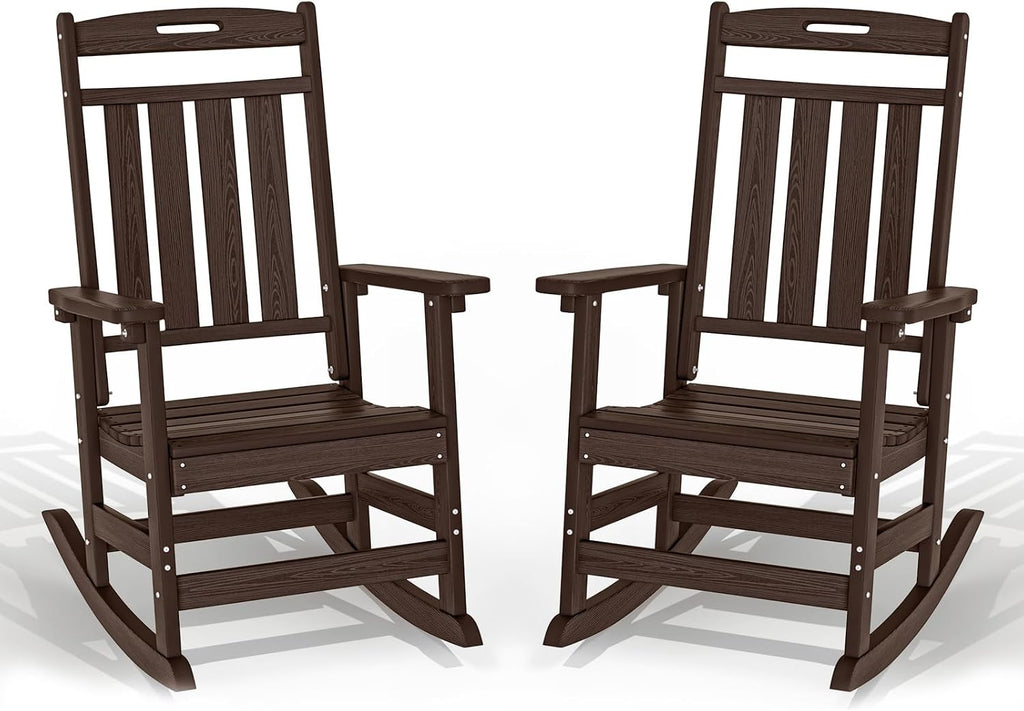 Oversized HDPE Outdoor Rocking Chair Set of 2, All-Weather, Coffee | Heavy Duty Patio Rockers with High Back, Extra Large & Extra Wide, Supports up to 380lbs, Perfect for Porch, Lawn, Garden