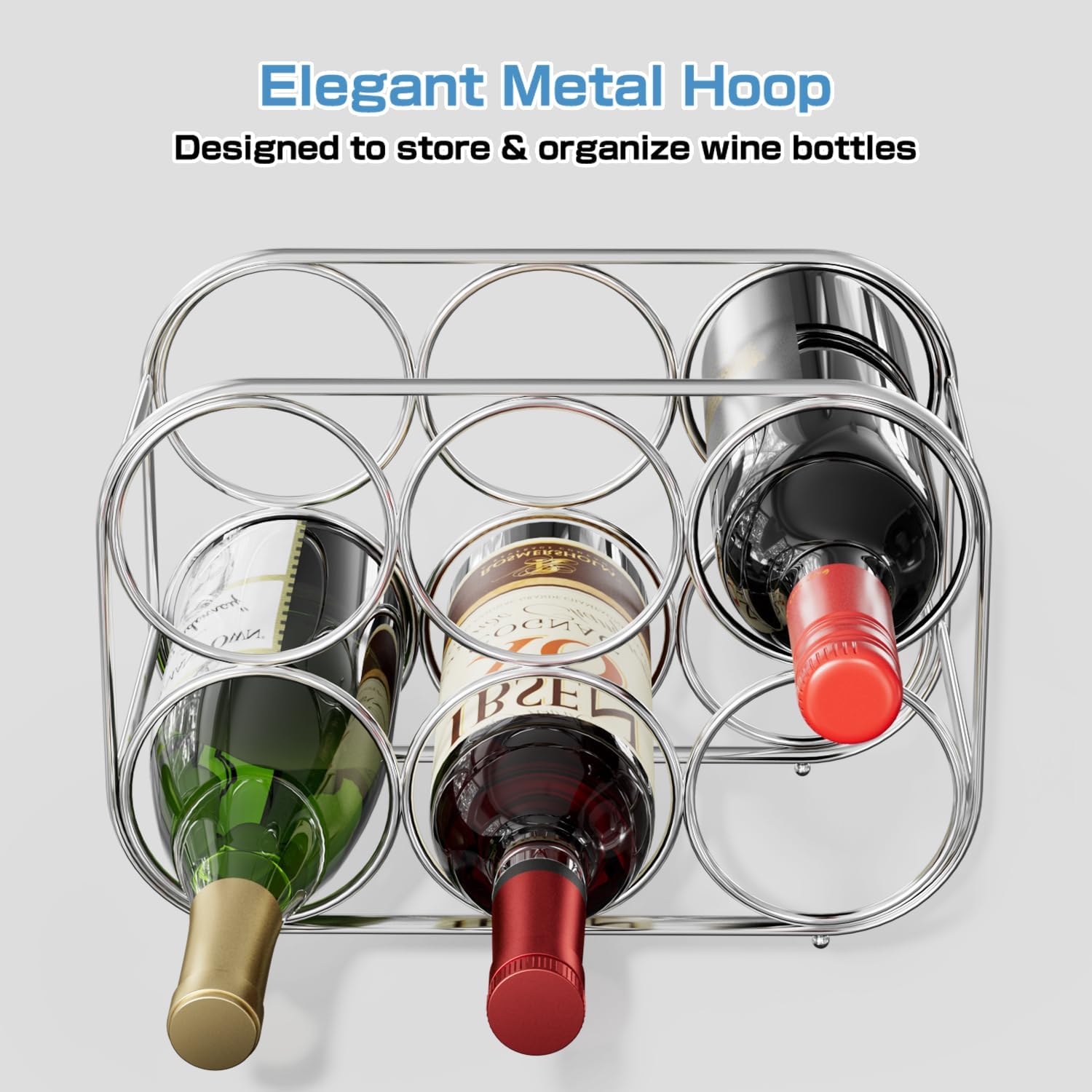 Buruis 6-Bottle Countertop Wine Rack, Metal Wine Bottle Holder, Chrome | No Assembly Required, Space-Saving Wine Storage, Kitchen Bar Organizer, Red & White Wine Display, Modern Home Decor
