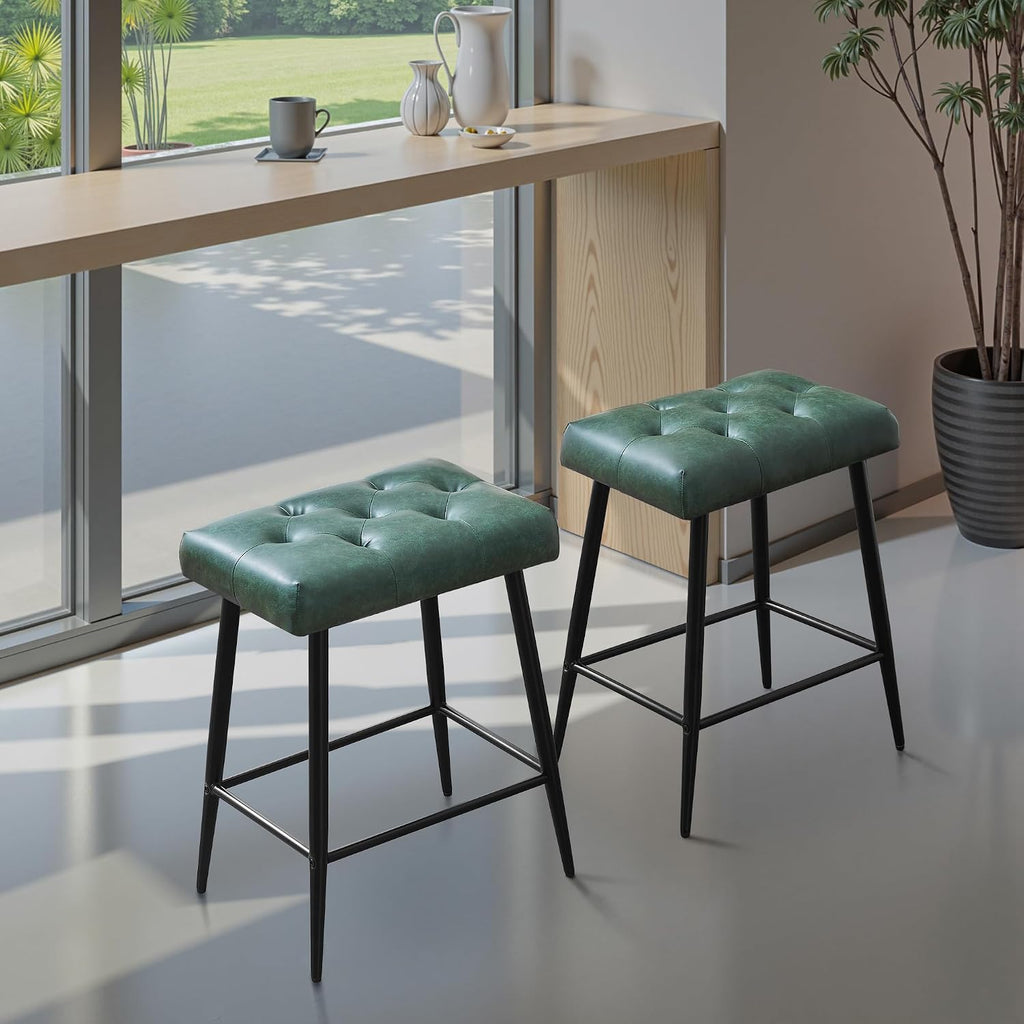 STOOLINK Bar Stools Set of 2, 24 Inch Counter Height Bar Stool for Kitchen Island, Modern Bar Hight Stools with Sturdy Metal Base and Thickened Saddle Cushion, 330Lbs, Green