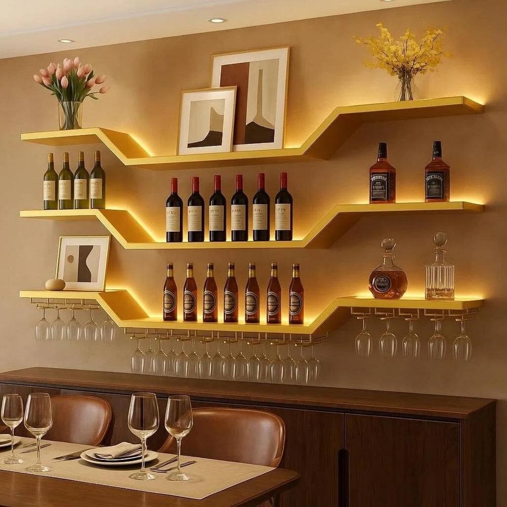 47.2" Wall Mounted LED Wine Rack, 3-Tier Floating Bar Shelves, Large Liq...