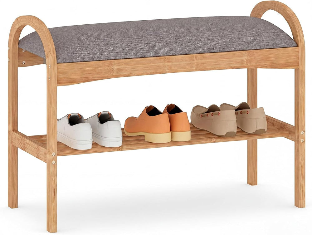 Giantex Shoe Rack Bench, Bamboo 2-Tier Entryway Bench with Padded Cushion, Sh...