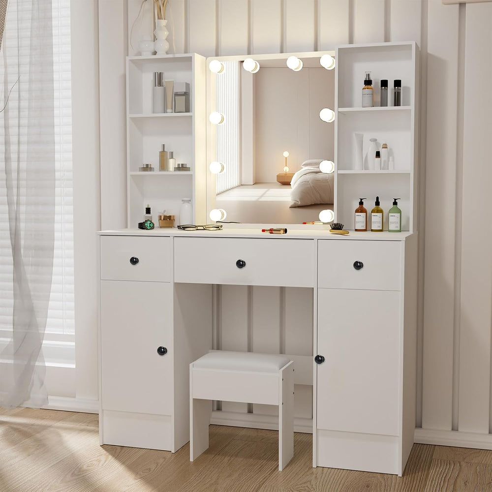 White Dressing Table with Mirror and Lights, Makeup Vanity Desk with 3 Drawer...