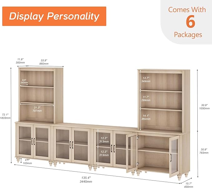 WAMPAT Entertainment Center with Bookshelves for TVs up to 75", Farmhouse Wall Unit TV Stand with Glass Doors, Media Console Table for Living Room, Bedroom & Home Theater, Light Oak