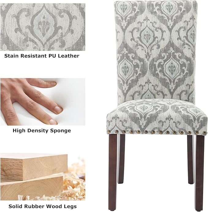 COLAMY Upholstered High Back Dining Chairs Set of 6 with Solid Rubber Wood Legs, Fabric Dining Room Chairs with Comfortable Padded Seat for Dining Room, Classic Gray Damask Pattern, Cloudy Gray Damask