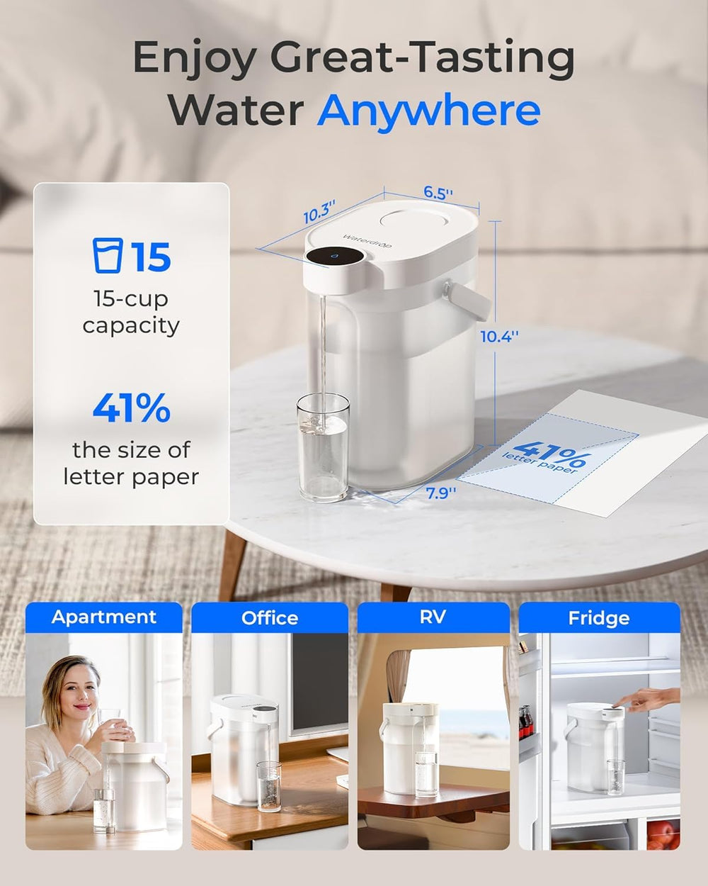Waterdrop ED25TW Rechargeable Water Filter Dispenser, TDS Reduction, White
