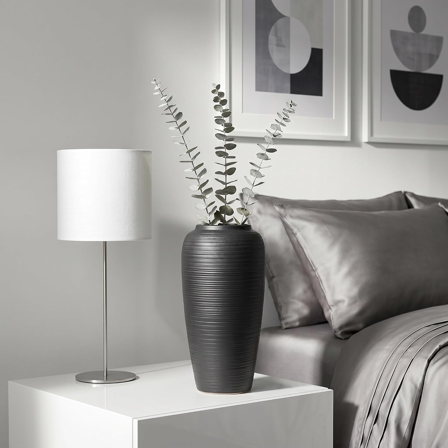 12.6" Large Matte Black Ceramic Vase, Modern Minimalist Centerpiece | Elegant matte black ribbed clay vase. Modern minimalist centerpiece, rustic farmhouse & boho decor for mantel and shelf.